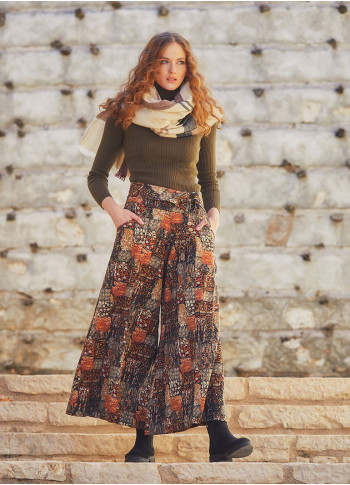 Khaki Printed Pockets Detailed Button-Up Wide Leg Pants